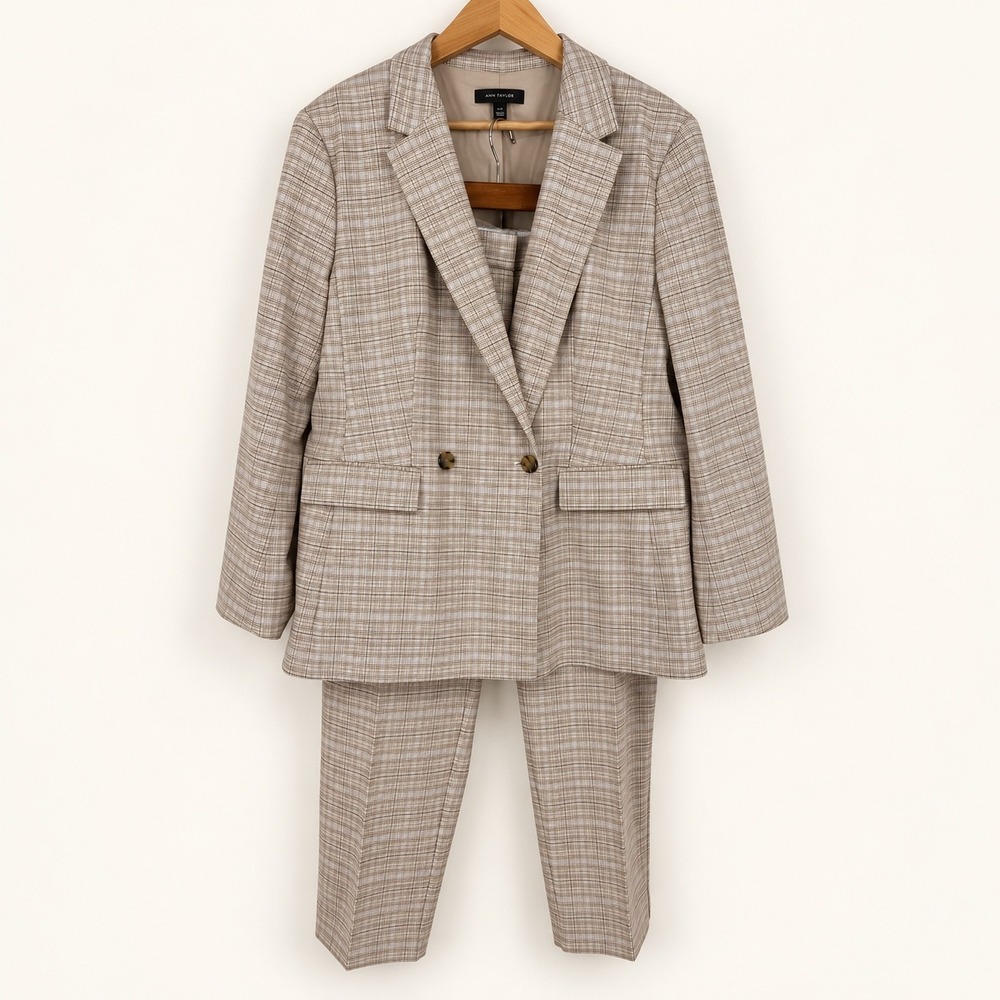 Ann Taylor 16P Crosby Blazer Pant Suit Brown Plaid Double Breasted Professional